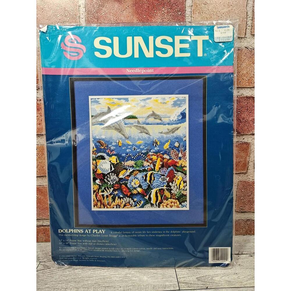 1993 Sunset Needlepoint Kit Dolphins At Play 12090 12"X14" New Sealed Vintage
